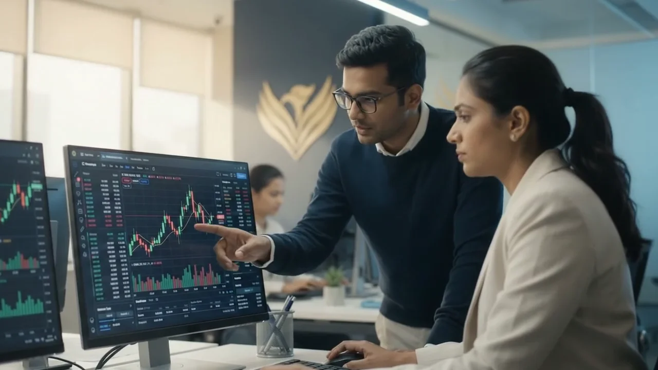 Finoways analysts reviewing a candlestick chart at the trading desk